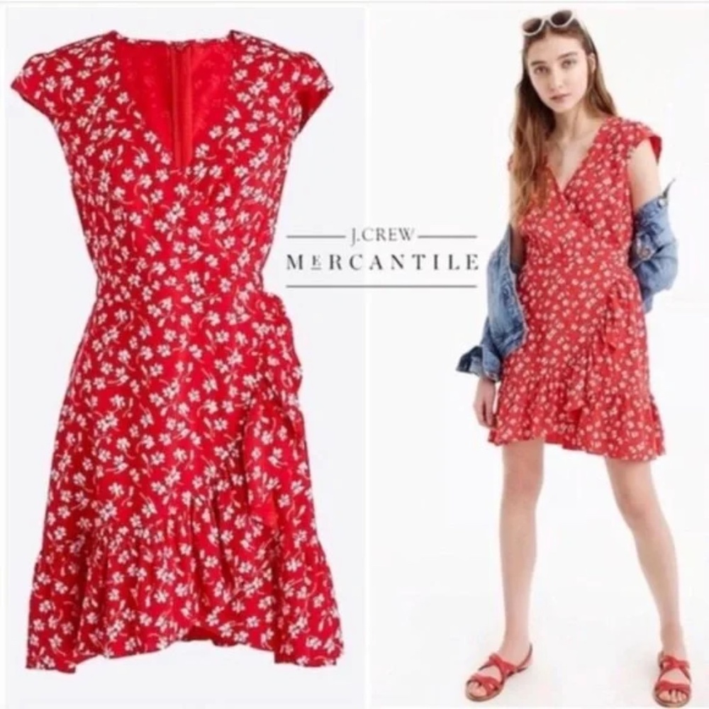 NWT J. Crew Mercantile Red & White Faux Wrap High-Low Dress with Ruffles, Size 4